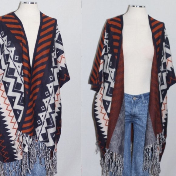 Blue & Orange Wool Tribal Fringe Shawl - Picture 1 of 15
